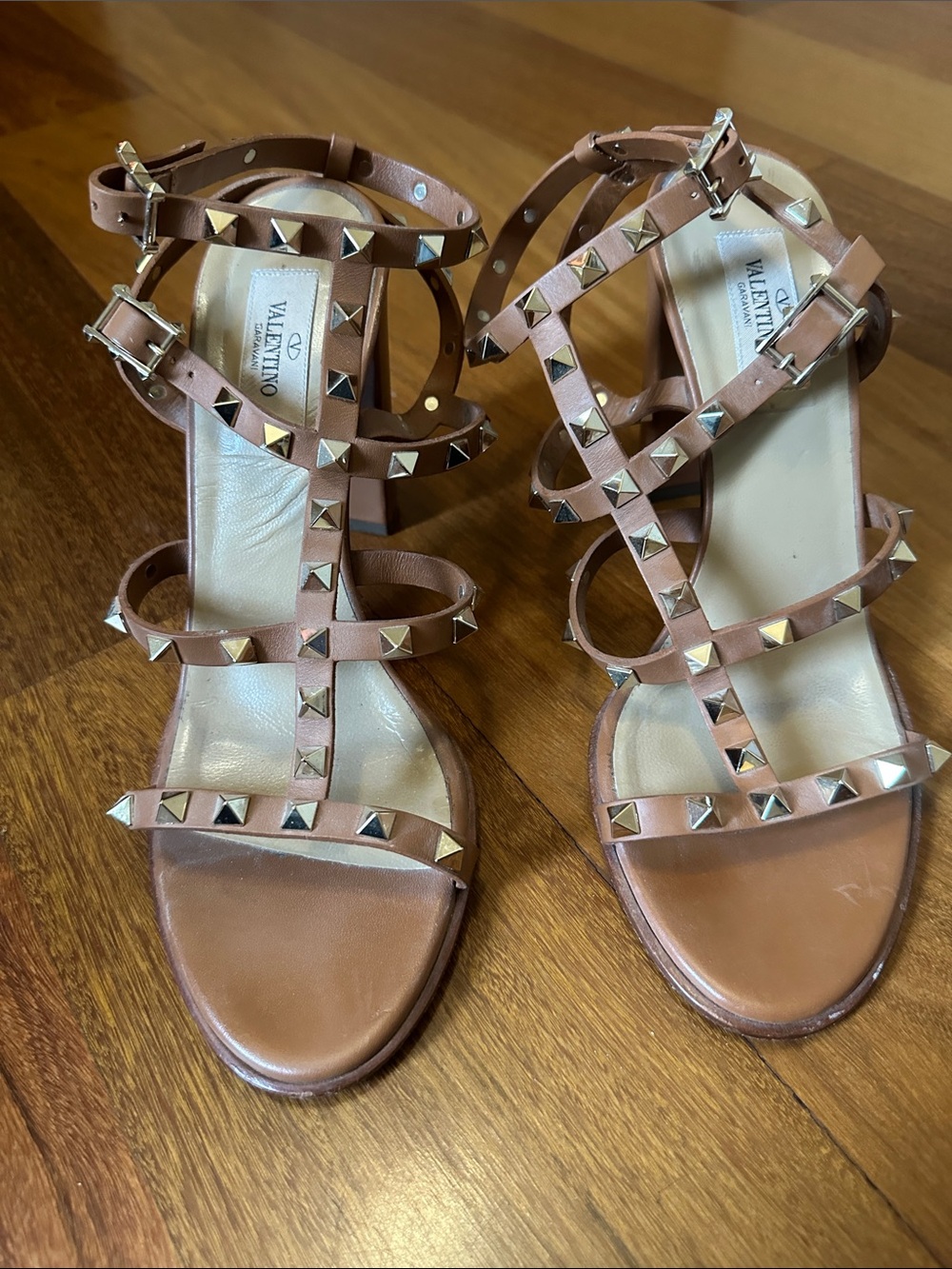 Valentino Tan Leather Rockstud Strappy Sandals